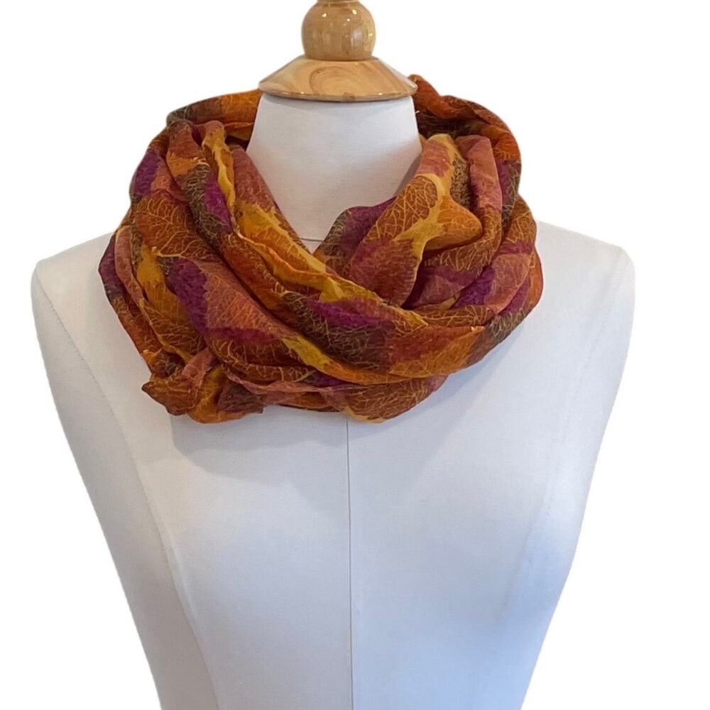 Lavello Infinity Scarf, Earth Tones, Leaves, Semi Sheer, Autumn, Fall Colors